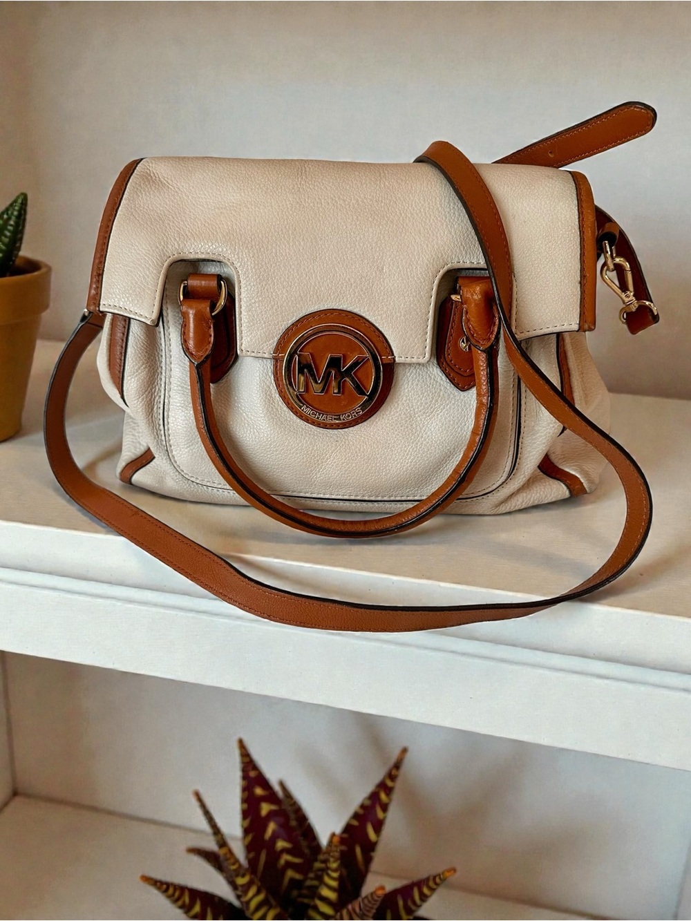 Michael Kors Cream and Tan Leather Shoulder Bag